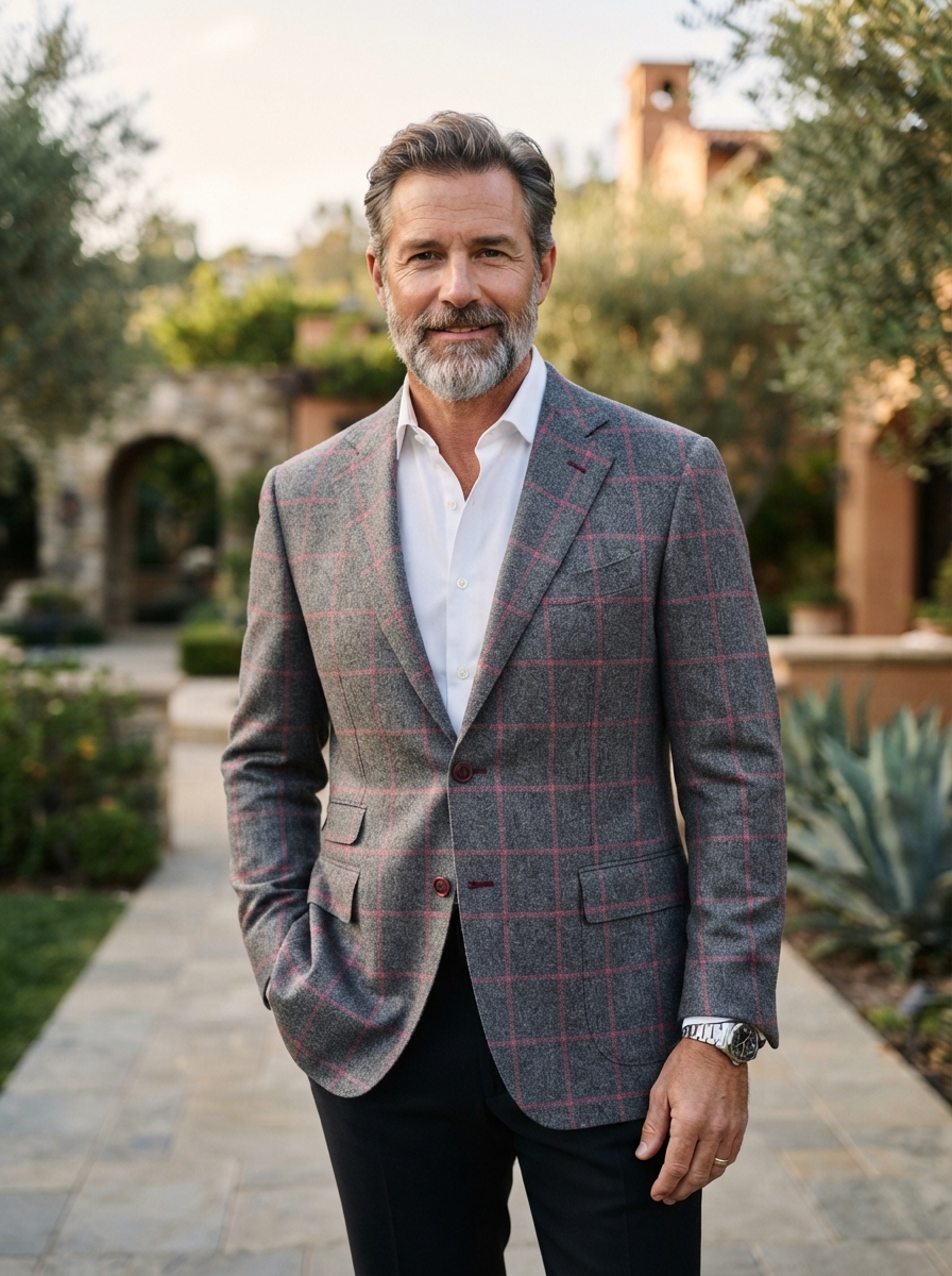 John Bradley Grey Red Check Sport Coat - A tailored grey sport coat featuring a striking red and pink windowpane check pattern, two-button closure with signature red buttons, and dark interior lining — a distinguished statement piece for the boardroom and beyond.