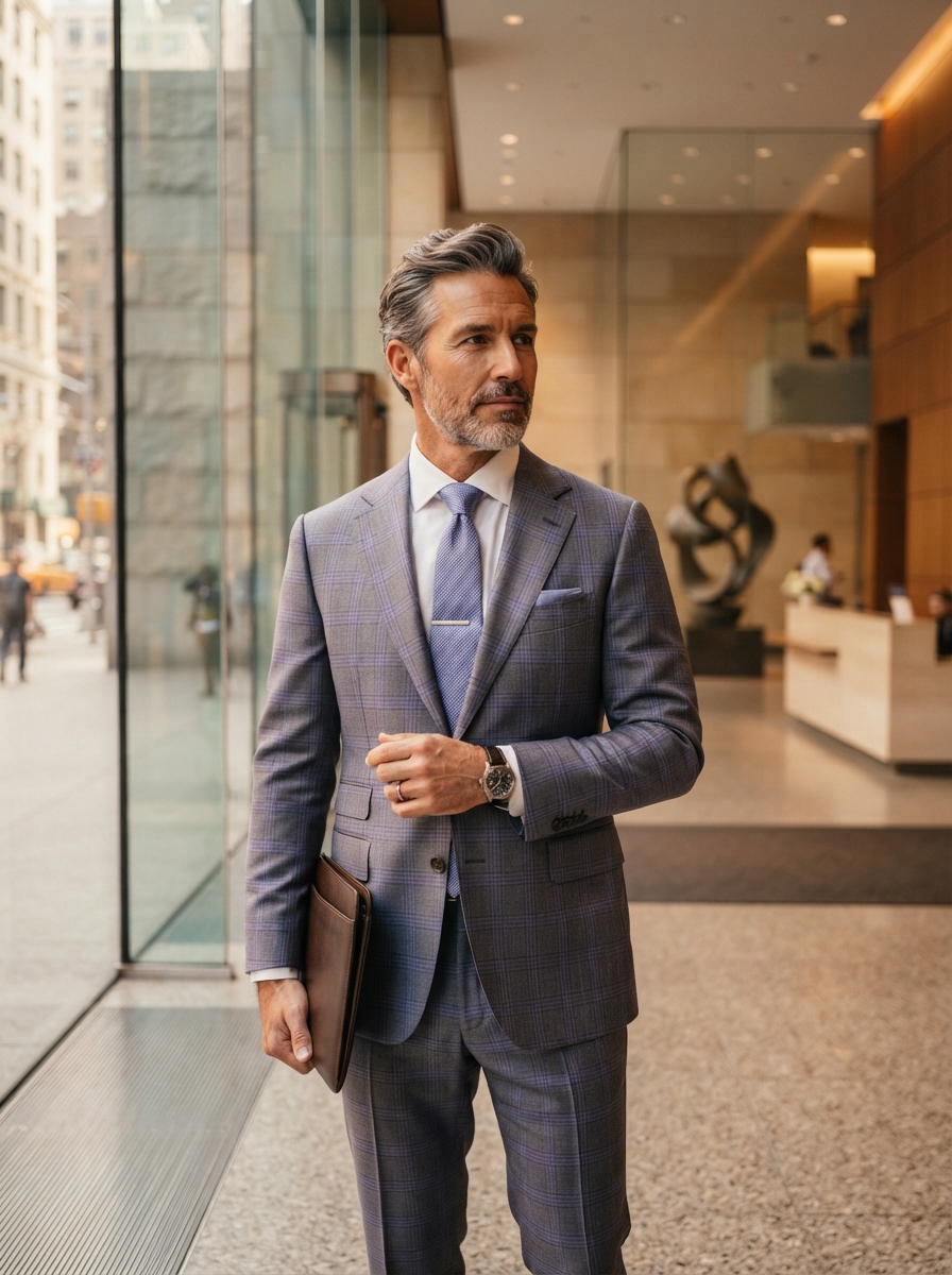 John Bradley Grey Plaid City Suit - A tailored grey plaid suit with lavender accents — precision tailoring for the modern professional who values subtle detail.