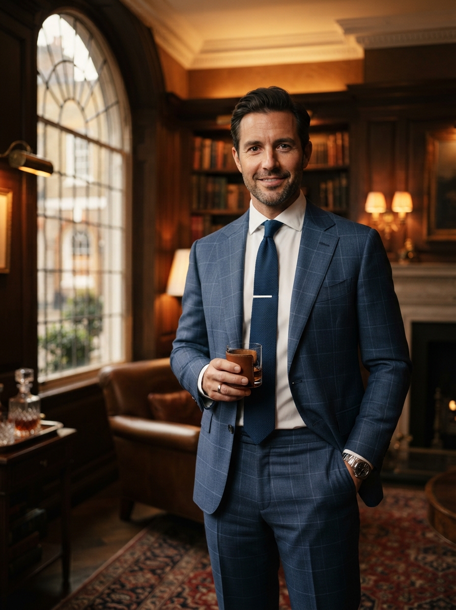 John Bradley Blue Windowpane Classic - A timeless blue windowpane suit that transitions seamlessly from boardroom to dinner.