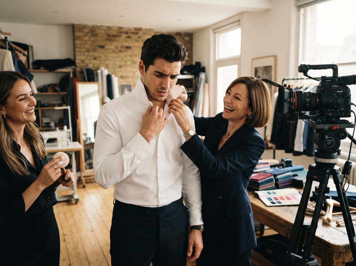 Model in white dress shirt with collar popped up on one side looking confused