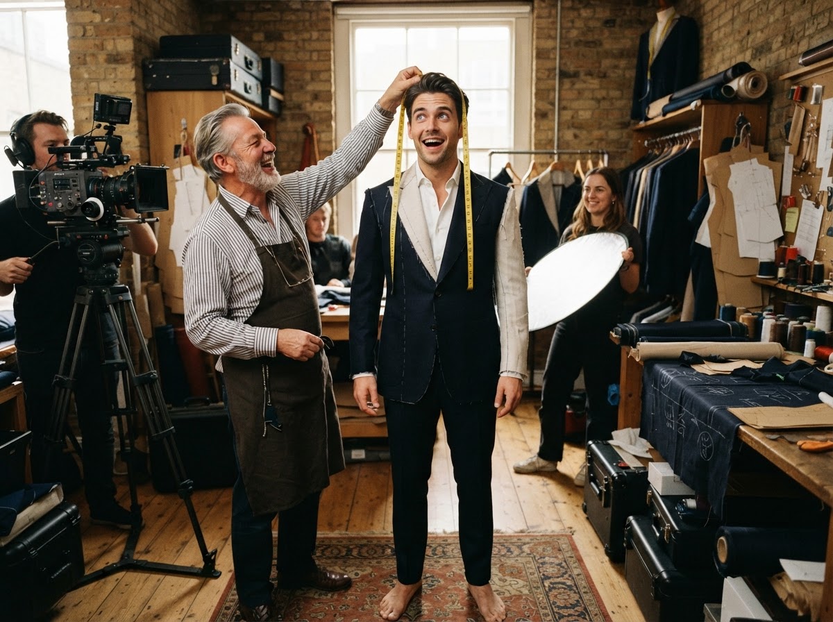 Model in half-fitted bespoke jacket with measuring tape draped over his head like a halo