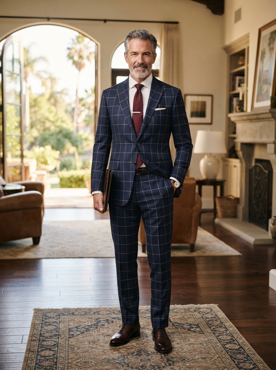 John Bradley Navy Windowpane Classic - A refined navy blue suit featuring a subtle light-colored windowpane check pattern — transitions seamlessly from boardroom meetings to evening engagements with quiet sophistication.