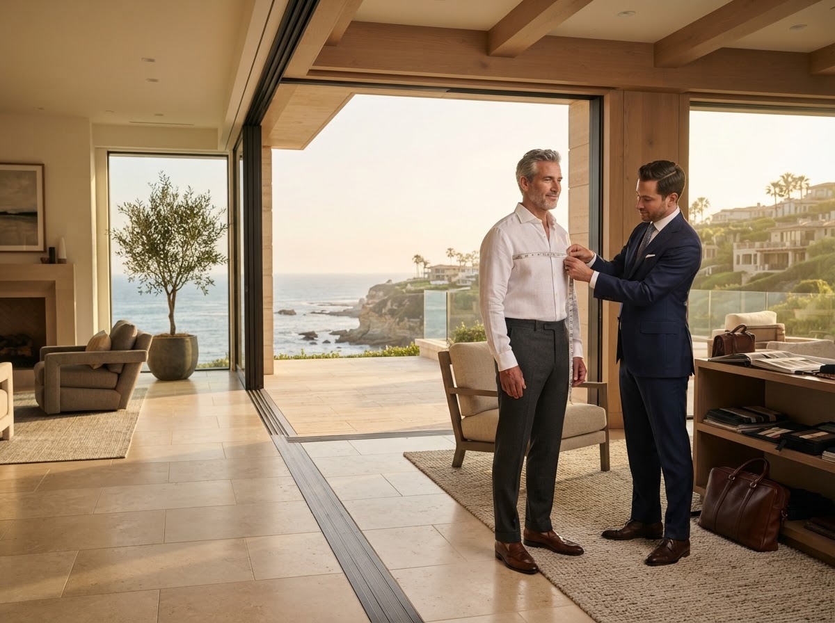 Private custom-clothing fitting in a Southern California coastal residence