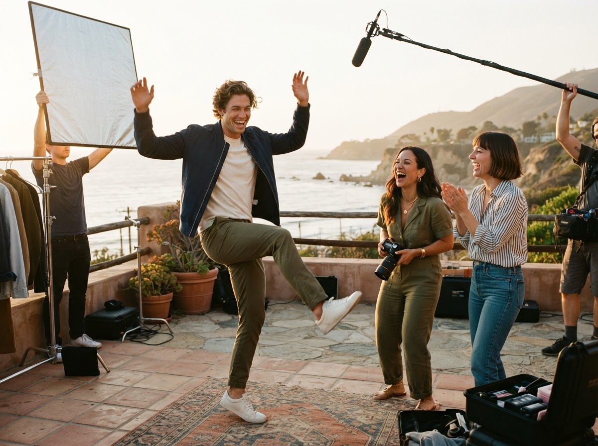 Model in bomber jacket doing a silly dance mid-pose on a coastal terrace