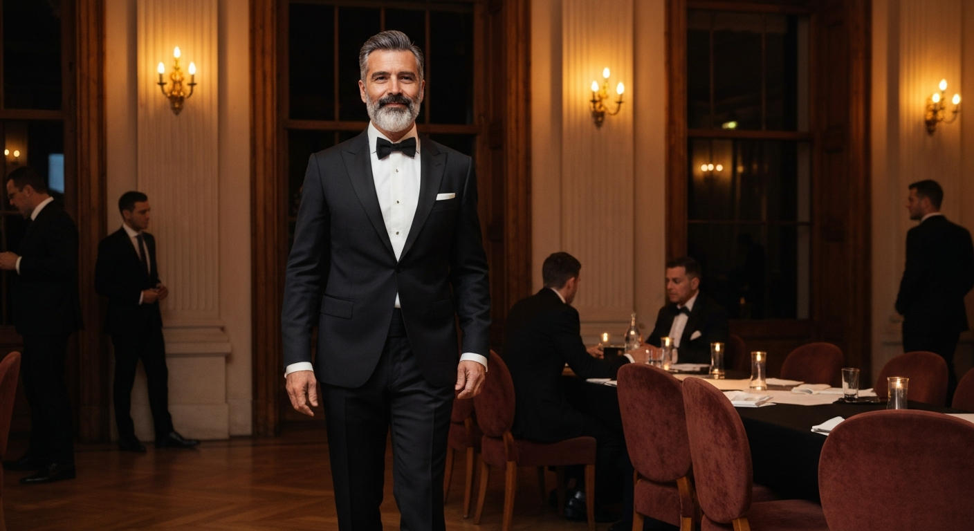 An elegant anonymous man in a tuxedo in a refined evening environment