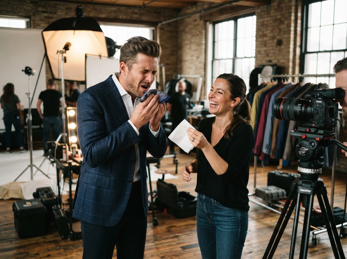 Model in windowpane sport coat sneezing into a pocket square