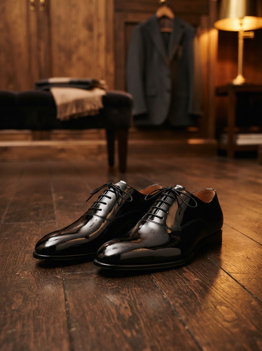 Black patent leather oxford dress shoes with a mirror shine on a dark wood floor in a private dressing room