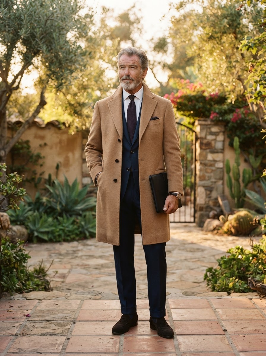 John Bradley Tan Camel Overcoat - A refined tan camel-hair overcoat with clean lines and dark horn buttons — the essential layer for cool California evenings.