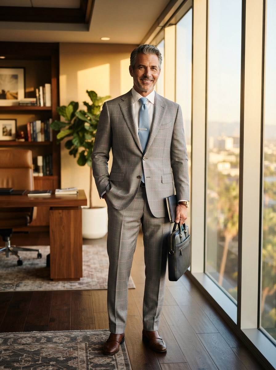 John Bradley Grey Pink Windowpane - An elegant light grey suit with delicate pink windowpane checks and soft contrast interior — understated warmth for the Southern California professional.