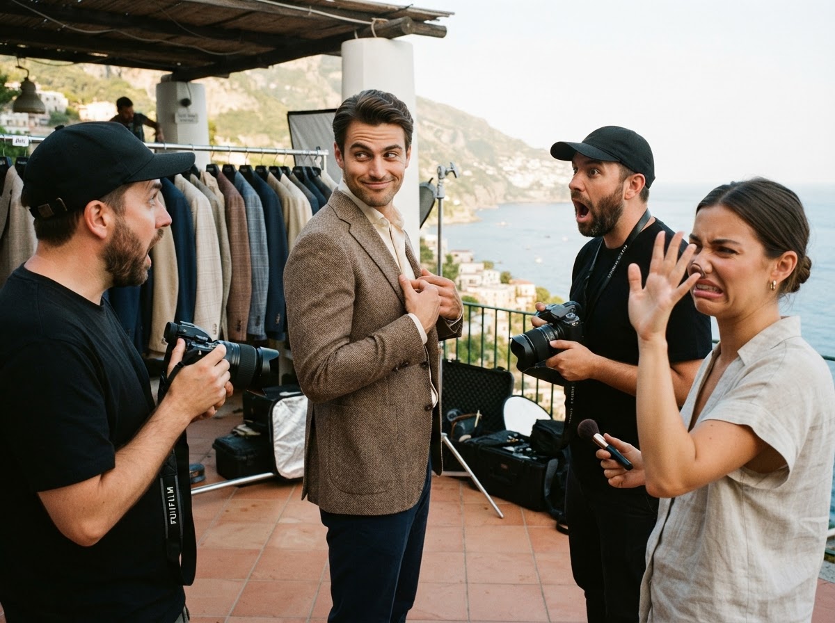 Model in tweed sport coat with mock-guilty grin while crew reacts