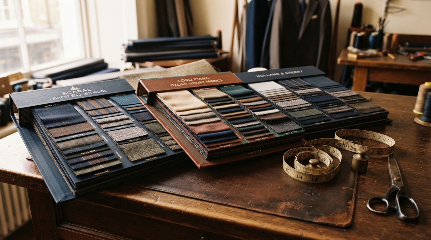 Luxury fabric swatch books from the world's finest mills spread open on a dark wood table