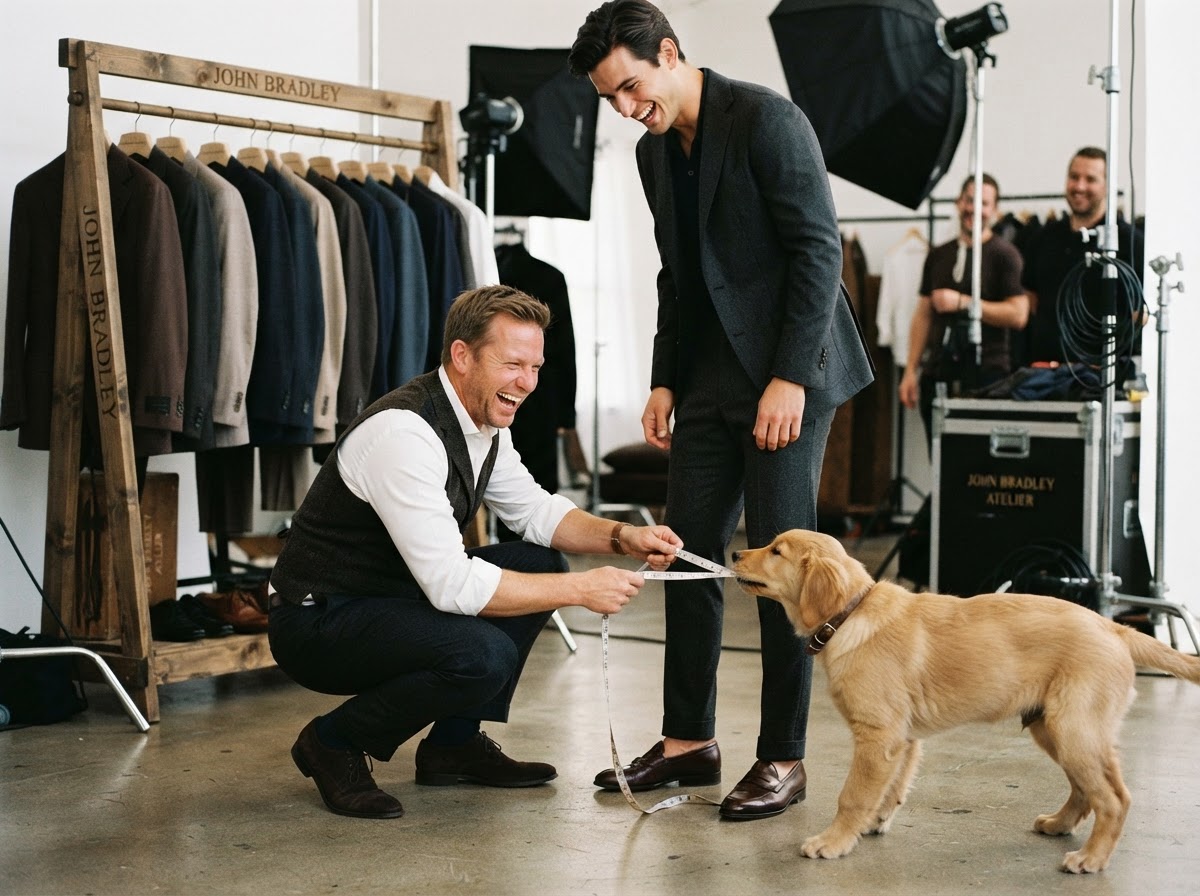 Brad Otto measuring trouser inseam while a golden retriever playfully bites the measuring tape near John Bradley engraved hangers
