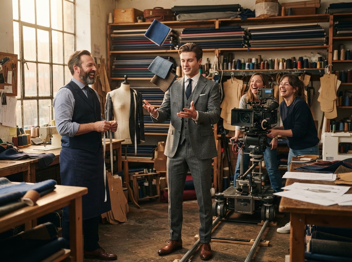 Model in grey suit pretending to juggle three fabric swatches