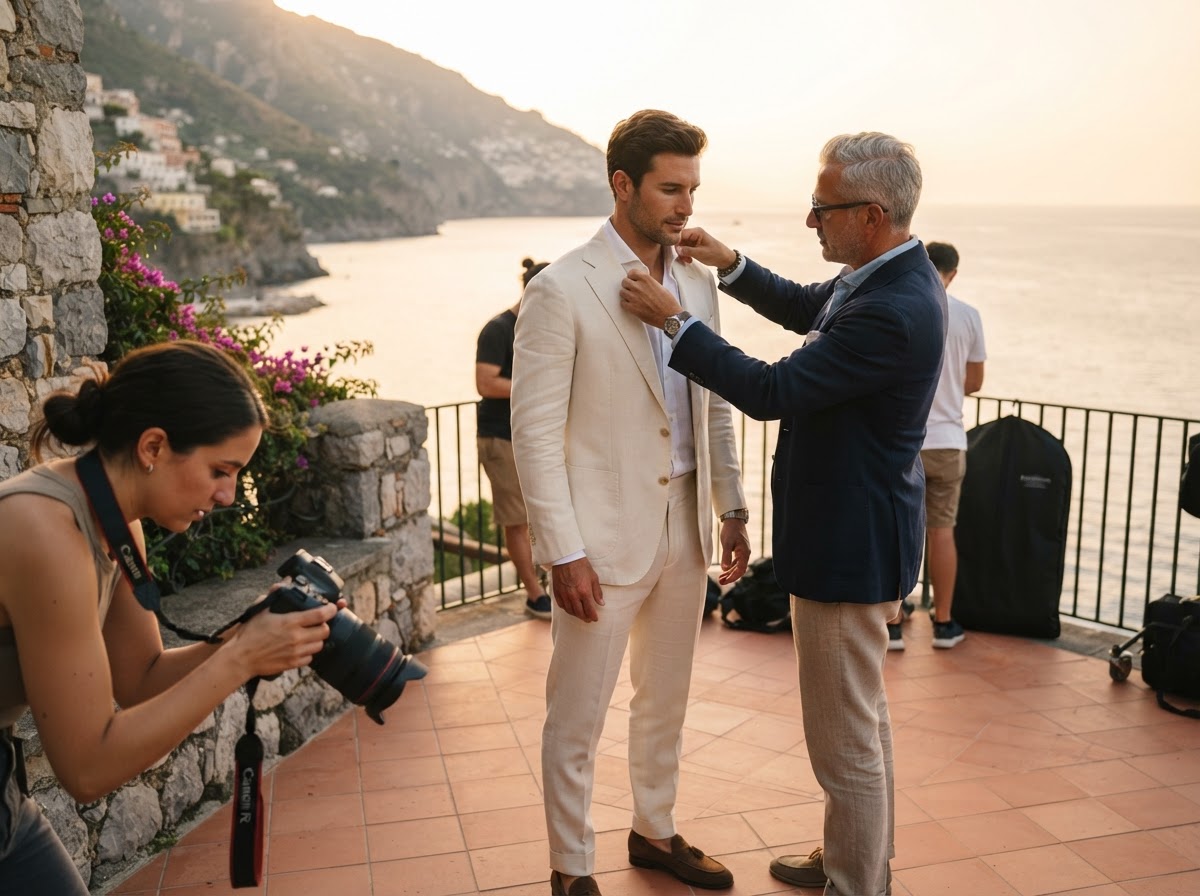 Brad Otto directing the ivory cream suit shoot on a coastal terrace at golden hour