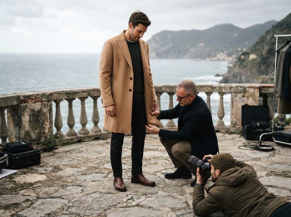 Brad Otto kneeling to check the hem of a tan camel overcoat while photographer shoots low