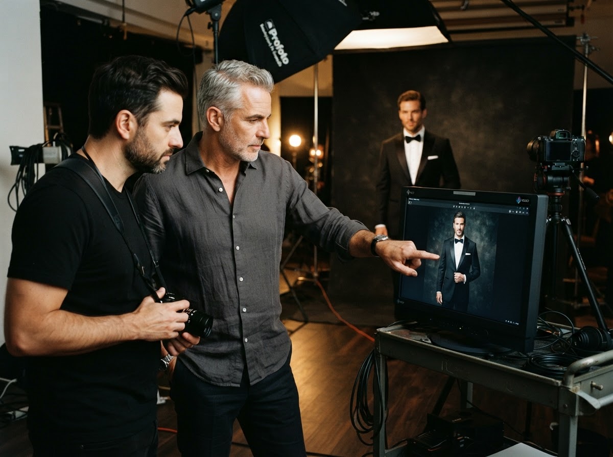 Brad Otto and photographer reviewing tuxedo playback on the monitor
