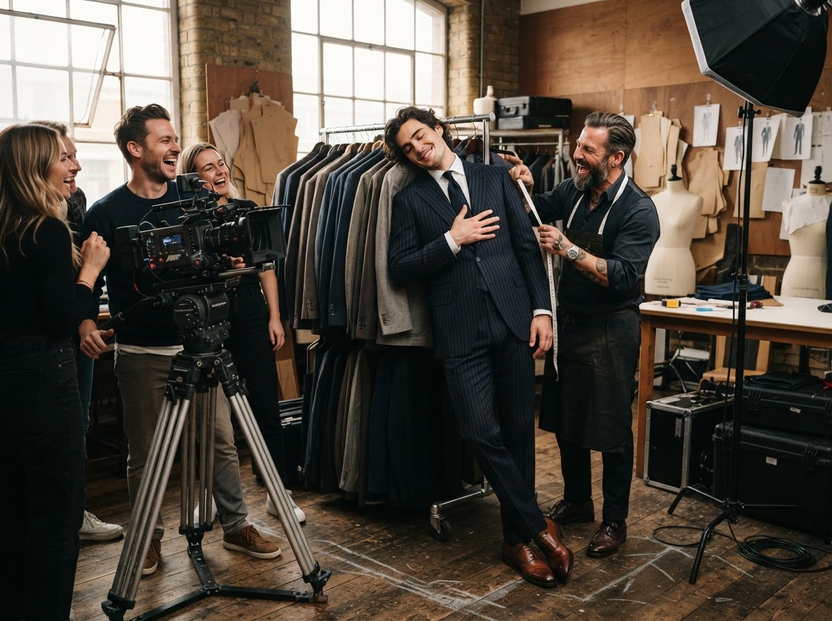 Model in pinstripe suit pretending to sleep standing up against a clothing rack
