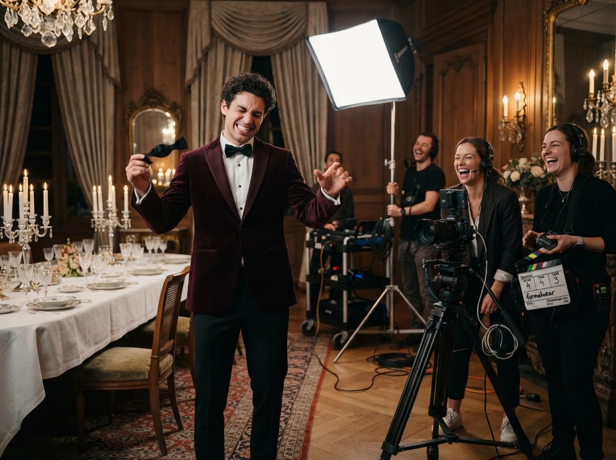 Model in velvet dinner jacket pretending to conduct an orchestra with his bow tie