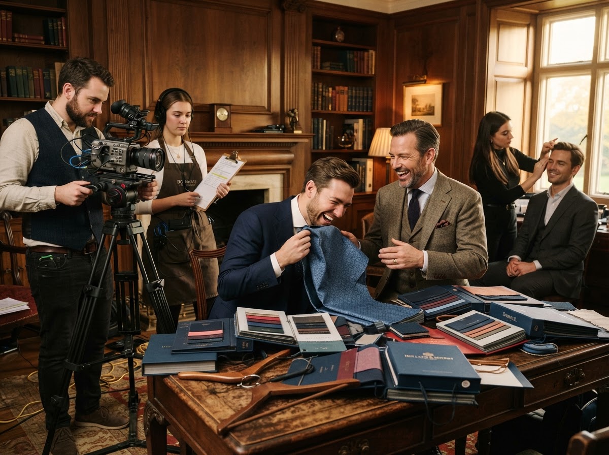 Clothier and client laughing over fabric swatch books on a table