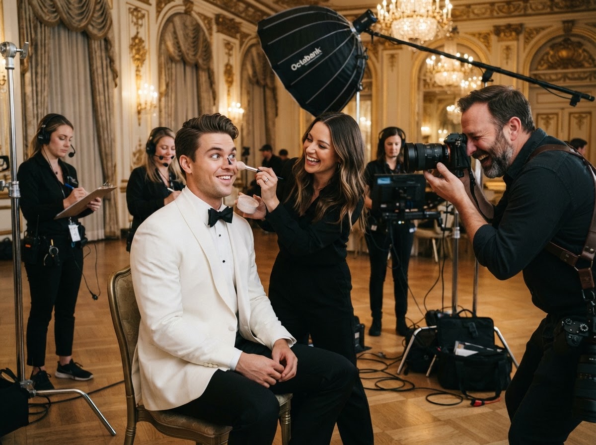 Model in white dinner jacket crossing his eyes while makeup artist powders his nose