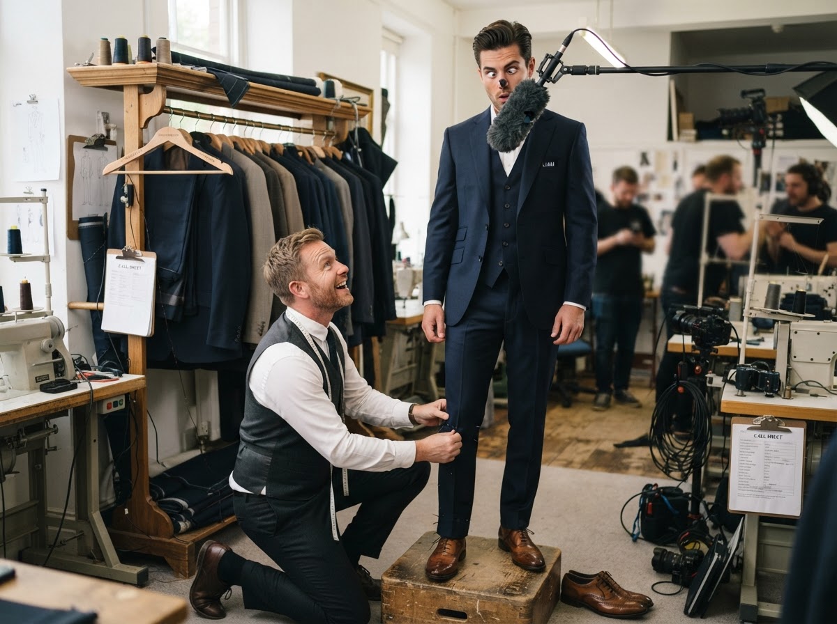 Brad Otto checking the trouser hem as a sound boom mic dips into the model's face near a John Bradley rack