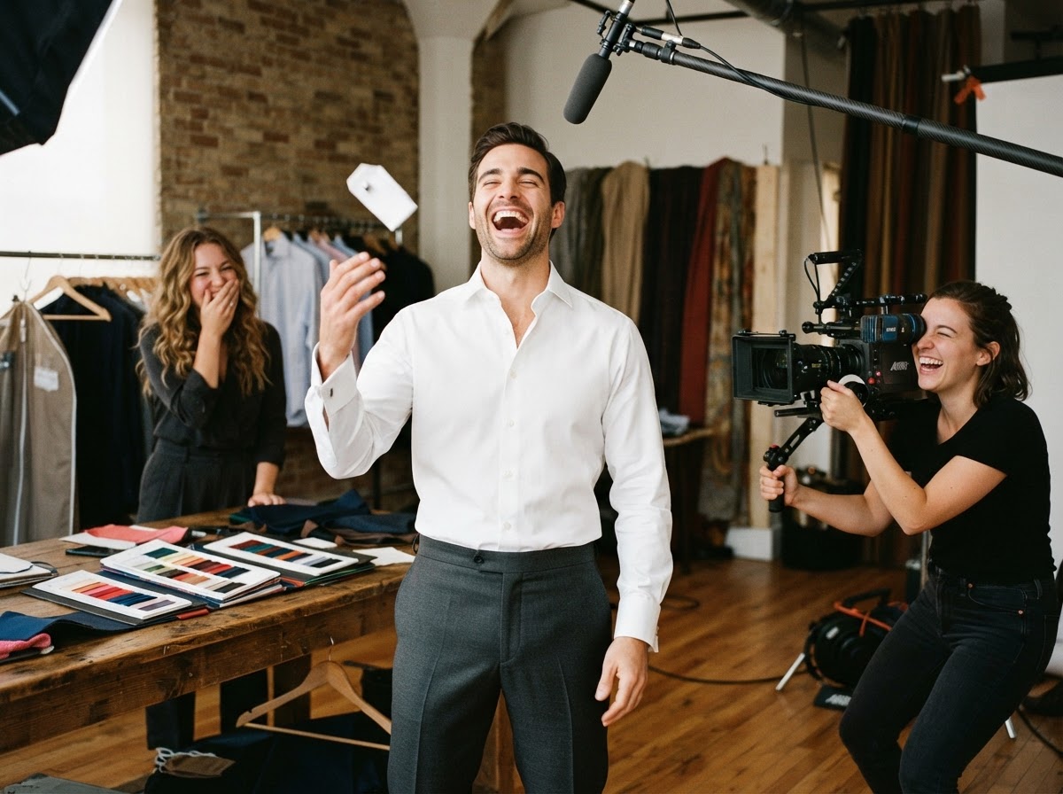 Model in white custom shirt laughing as cufflink flies off mid-shot