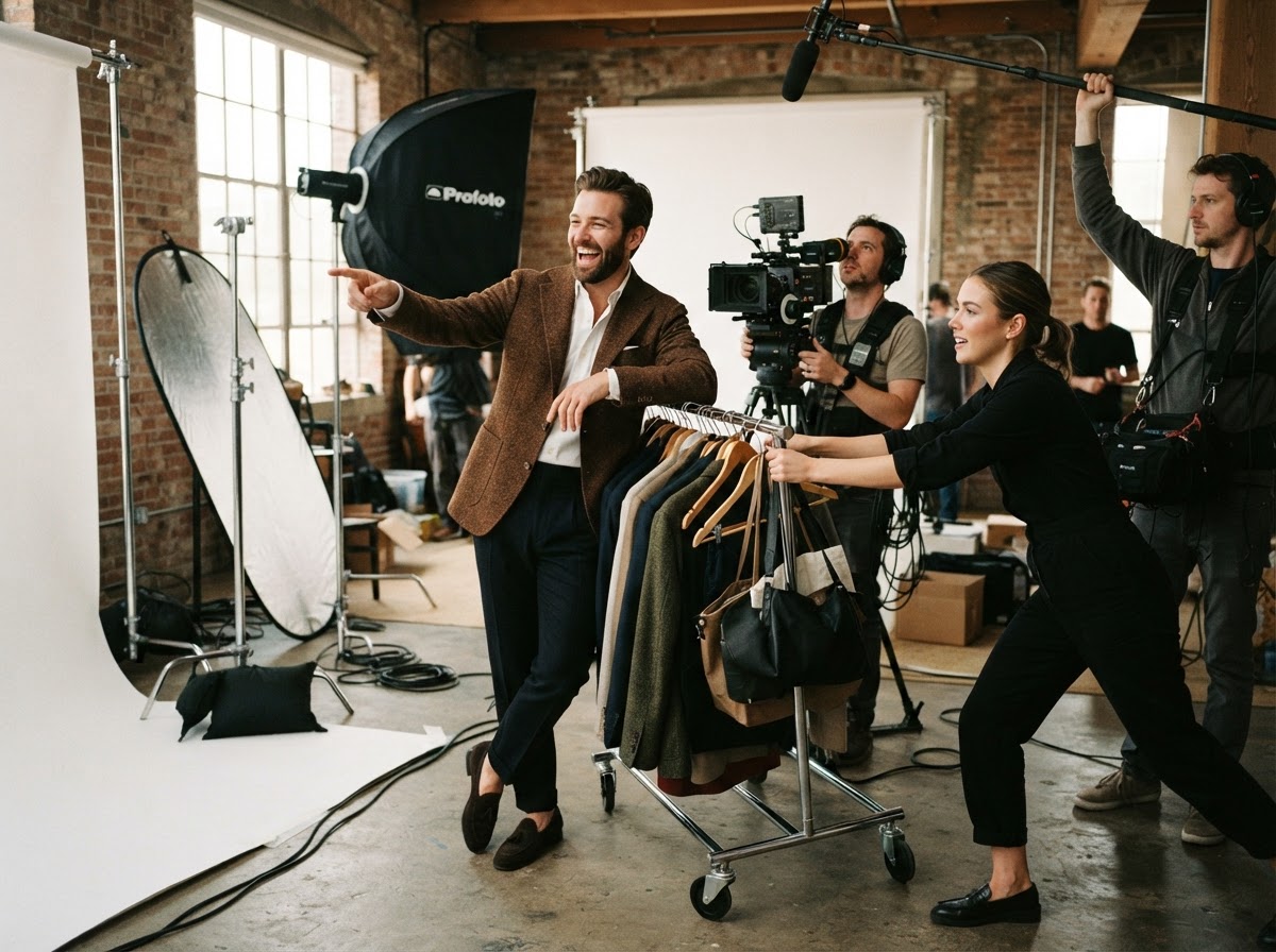 Model in donegal tweed jacket laughing and pointing while clothing rack tips
