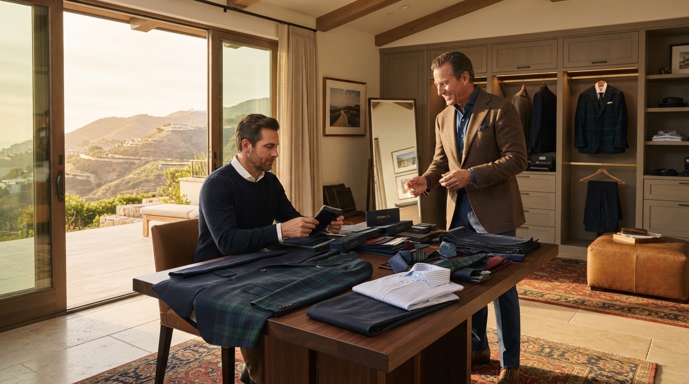 Coordinated garments and fabric books being thoughtfully reviewed