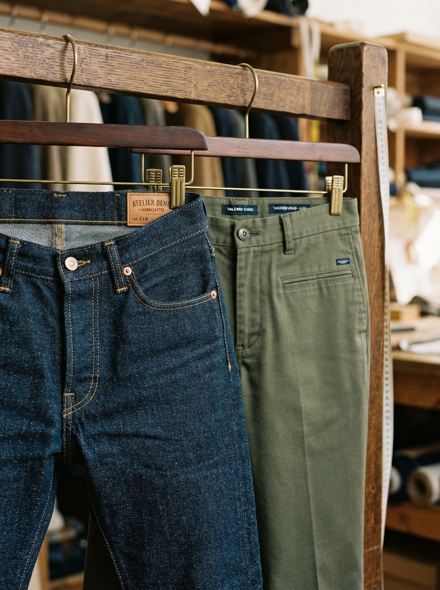 Custom denim jeans and tailored chino trousers on a wooden rack