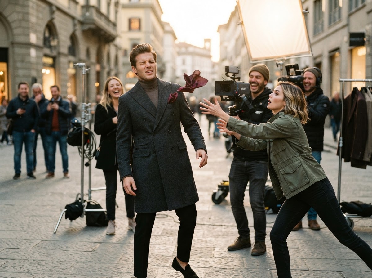 Model in double-breasted overcoat mid-sneeze with pocket square flying off