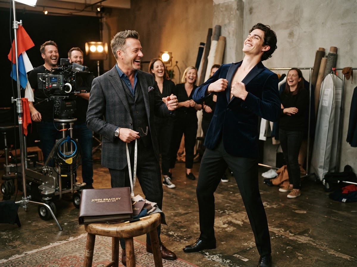 Brad Otto laughing with male model who struck an exaggerated superhero pose next to a John Bradley leather swatch book