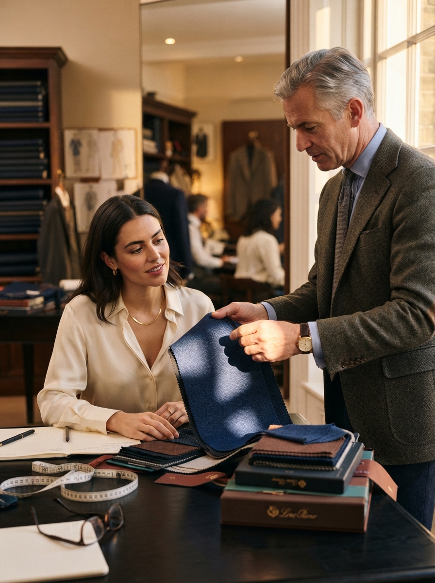A clothier holding fabric swatches up to the light for a client to examine