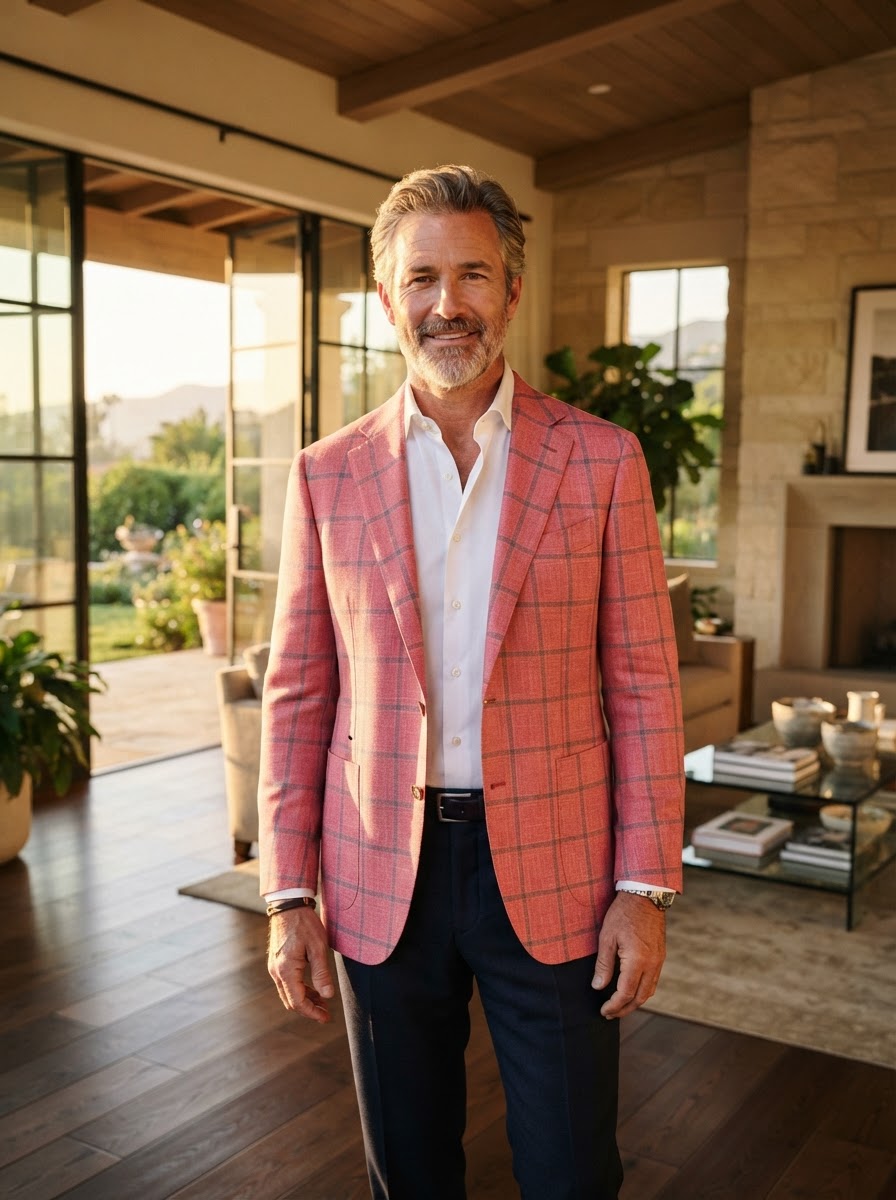 John Bradley Coral Plaid Sport Coat - A vibrant coral-pink plaid sport coat with fine grey windowpane checks and rich burgundy interior lining — a bold statement piece for the confident dresser who commands attention.