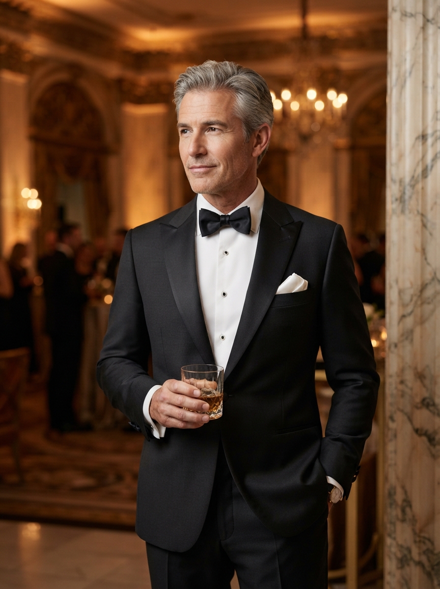 John Bradley Black-Tie Tuxedo - A properly fitted black tuxedo with satin peak lapels, crisp formal shirt, and correct bow tie — timeless formality for the most important evenings.