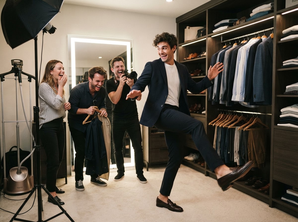 Model in navy blazer doing a mock runway strut with a loafer flying off