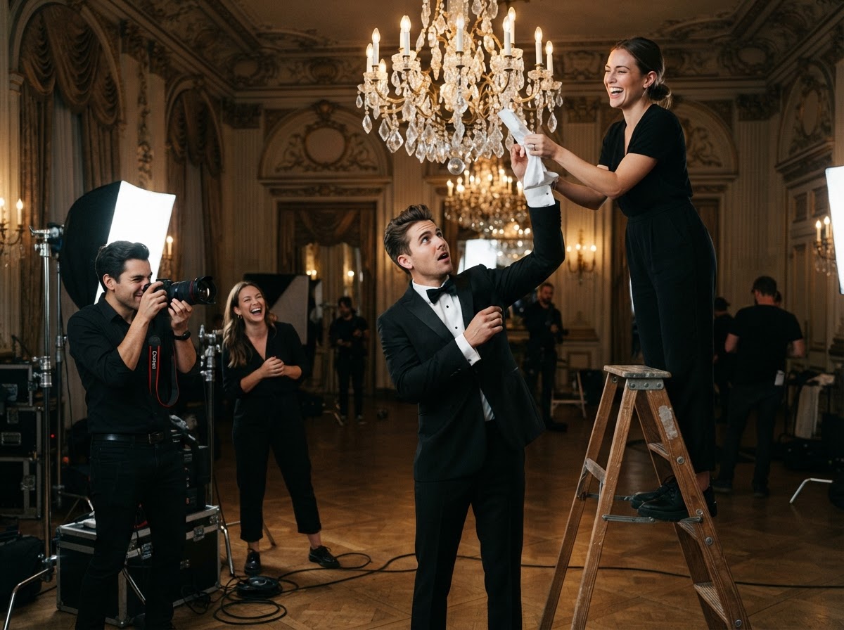 Model in black tuxedo with shirt cuff caught on chandelier crystal