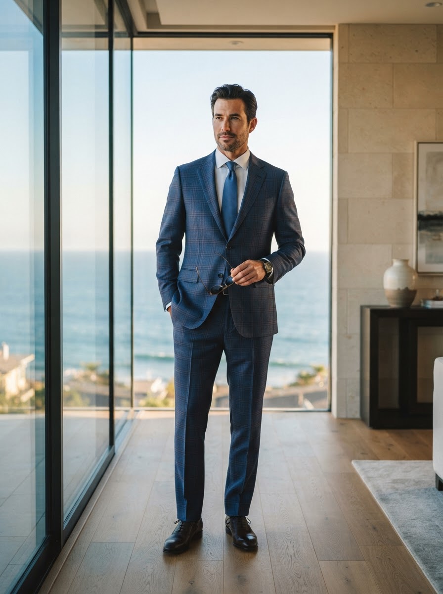 John Bradley Blue Plaid Windowpane - A rich blue plaid windowpane suit with subtle red accent checks — sophisticated pattern work for the professional who appreciates refined visual interest.