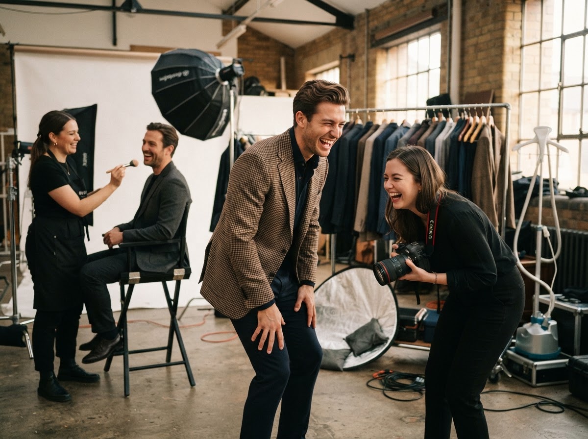 Model in houndstooth sport coat slapping knee laughing on set
