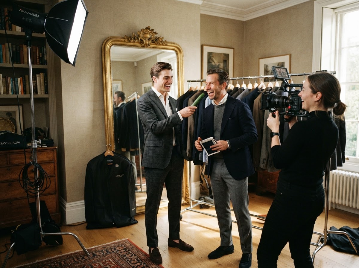 Model in glen plaid suit pretending to interview the clothier with a cucumber microphone