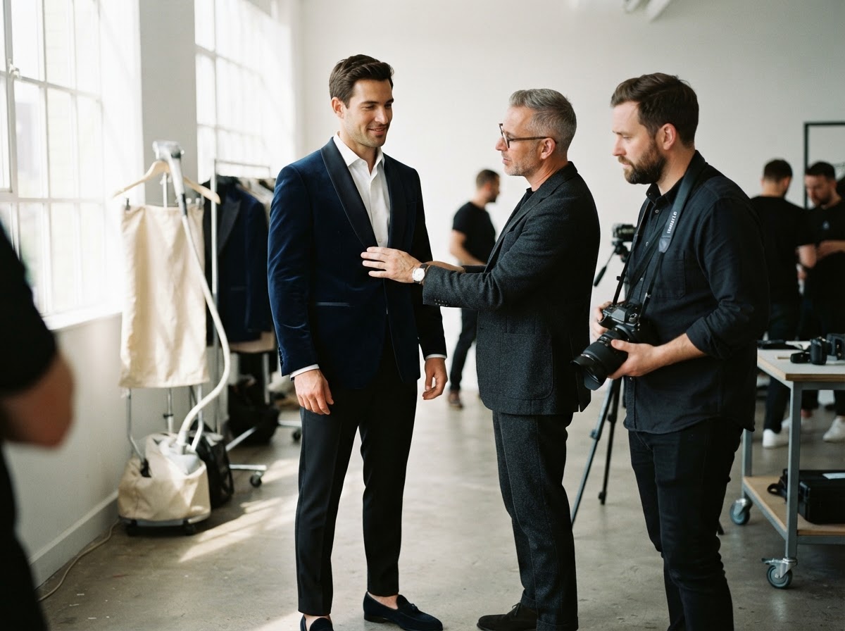 Brad Otto and photographer studying how velvet catches the light on a navy dinner jacket