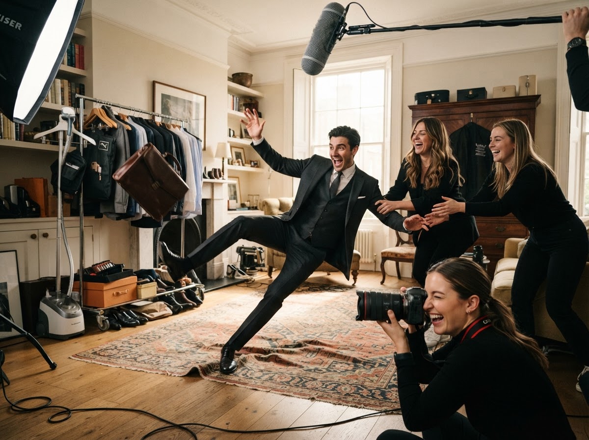 Model in charcoal three-piece suit pretending to trip over a rug