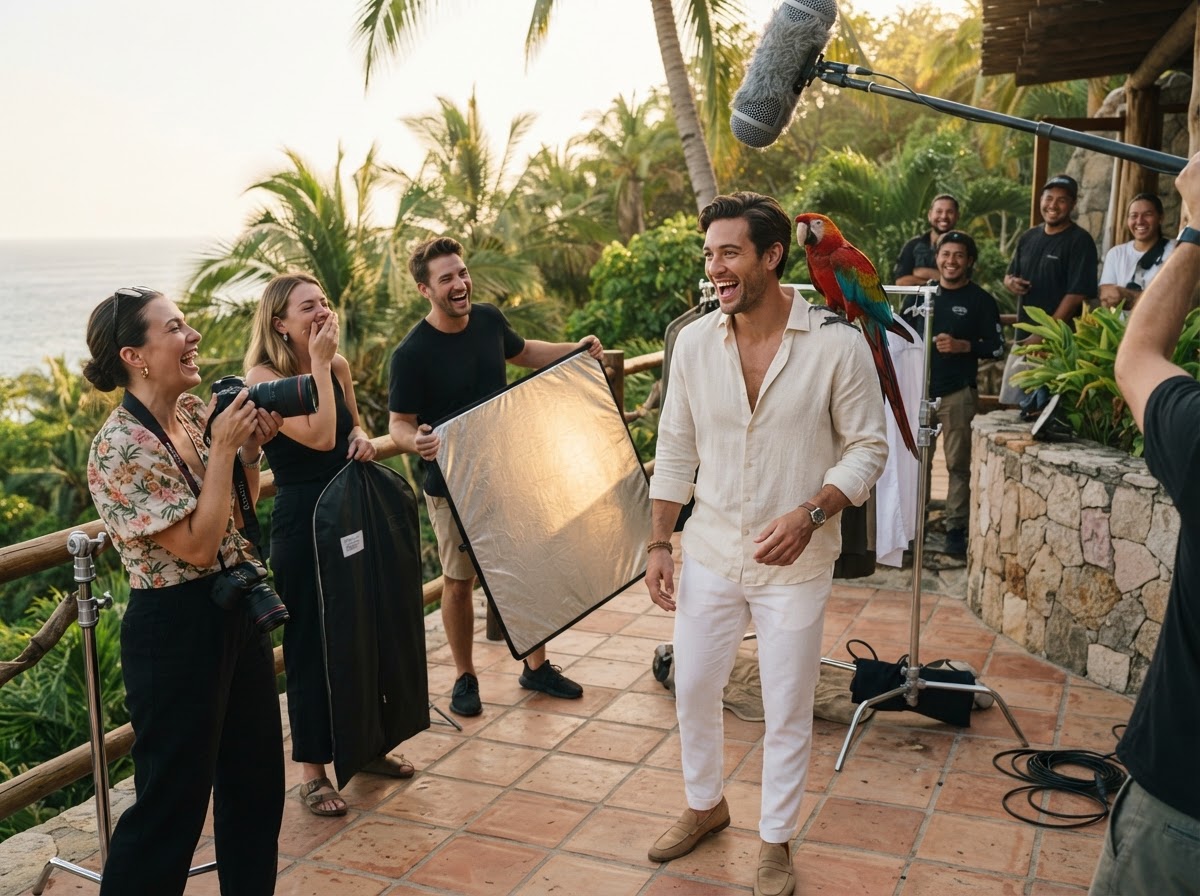 Model in linen shirt with a parrot on his shoulder looking surprised