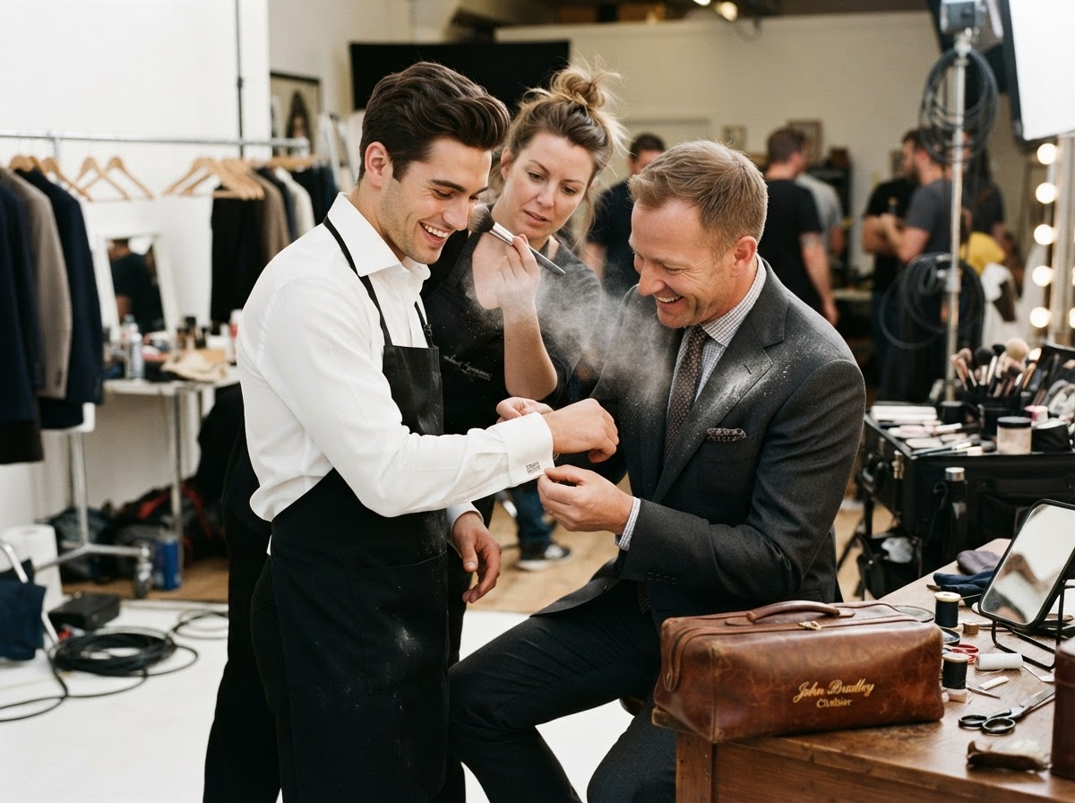 Brad Otto fastening cufflinks on model as makeup artist accidentally powders Brad's lapel with John Bradley tailor's kit nearby
