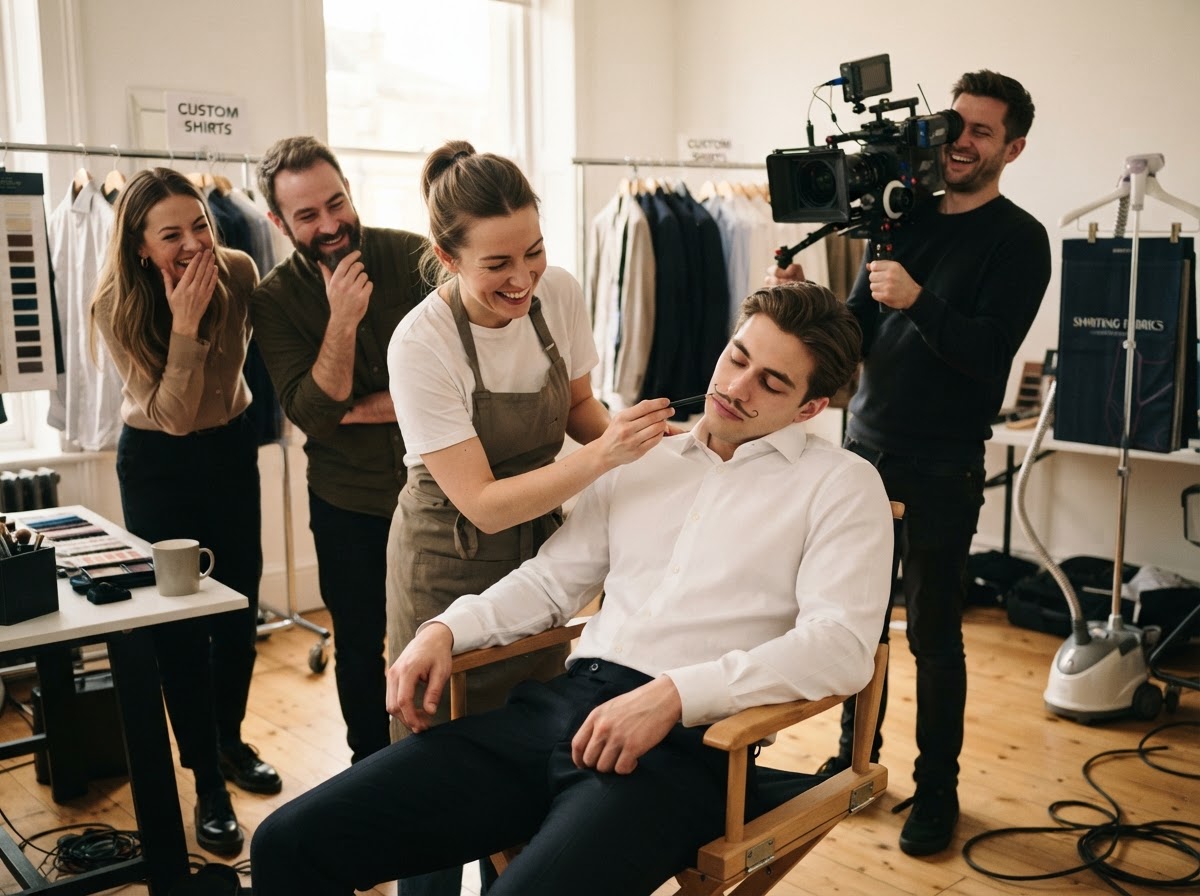 Model asleep in a wardrobe chair while makeup artist draws a moustache on his face