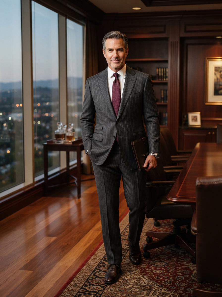 John Bradley Charcoal Pinstripe Power - A commanding charcoal pinstripe suit with fine vertical lines, peak lapels, and burgundy interior lining — the ultimate choice for courtrooms and closing deals.