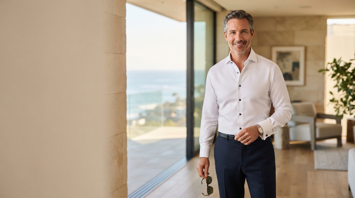 Man wearing a crisp white custom dress shirt in a Southern California coastal residence