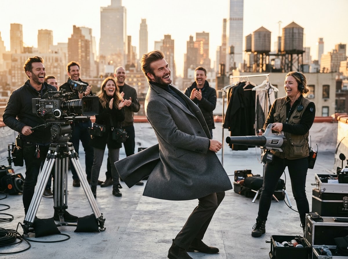Model in cashmere overcoat pretending to be blown back by wind with a leaf blower visible