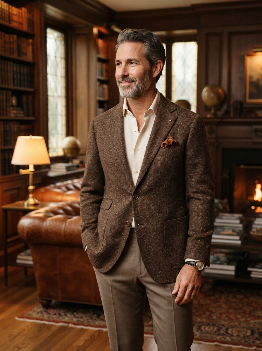 John Bradley Brown Tweed Sport Coat - A rich brown tweed sport coat with subtle texture, open-collar shirt, and tasteful pocket square — warmth and character for cooler months.