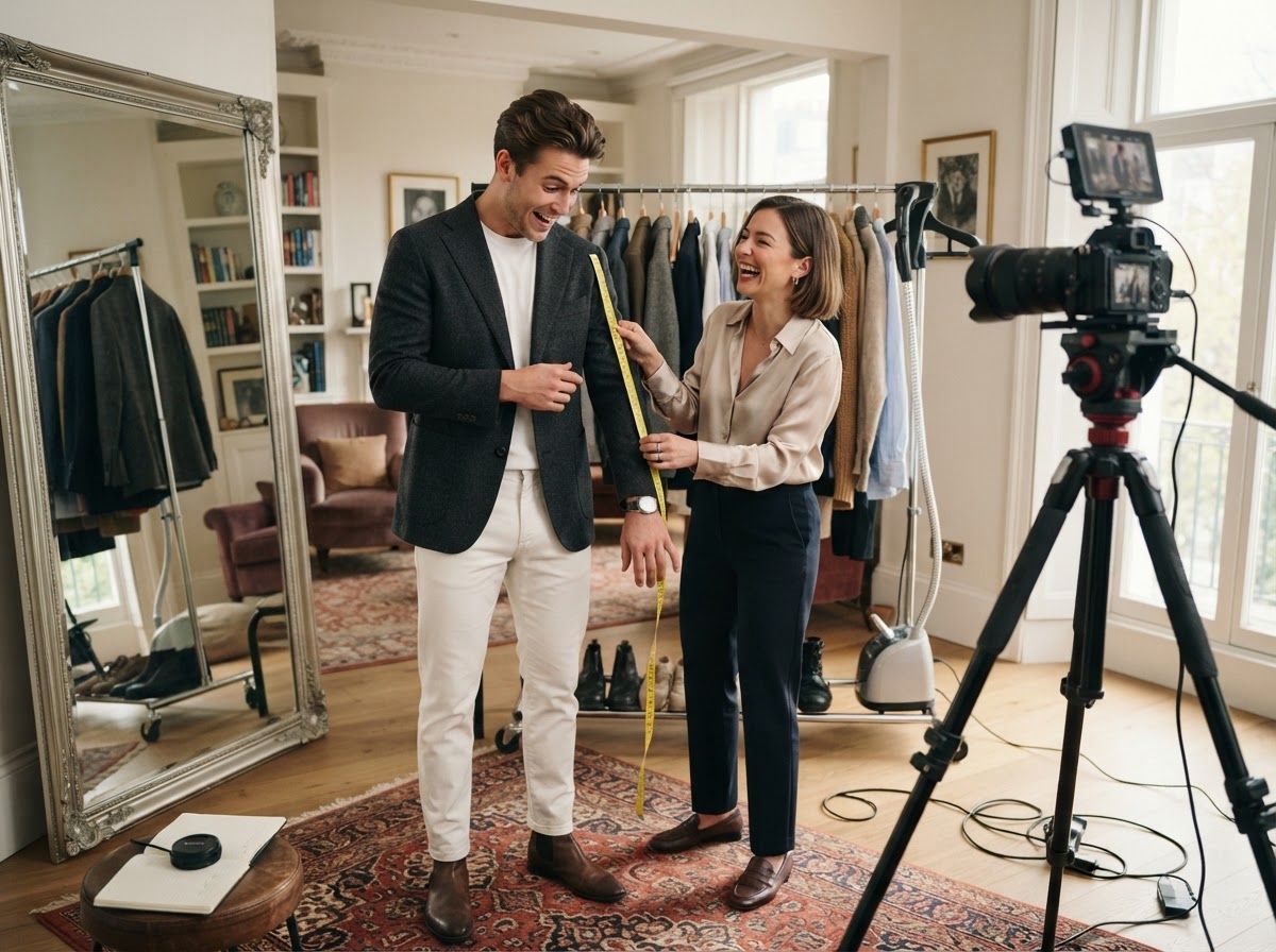 Model in blazer with tape measure stuck to his sleeve looking confused