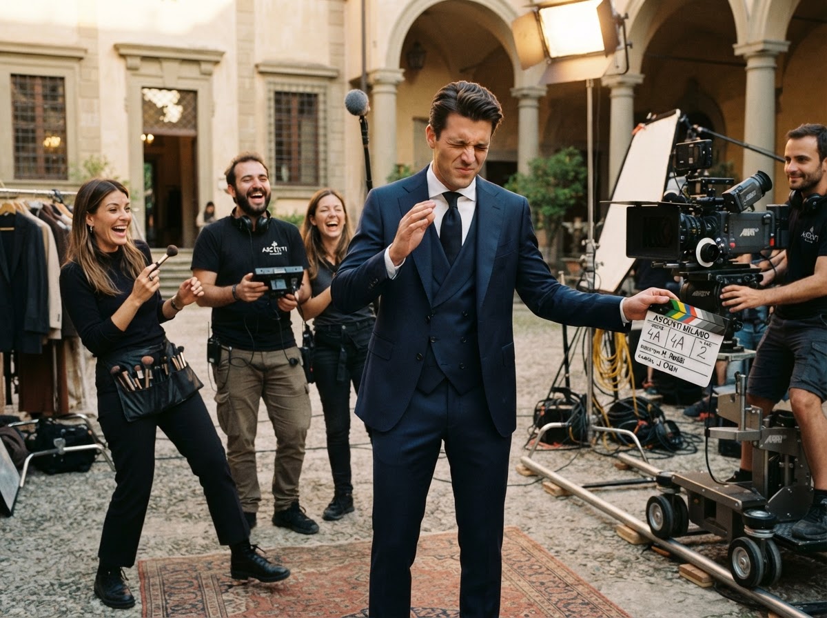 Model in navy bespoke suit mid-sneeze while crew laughs on set